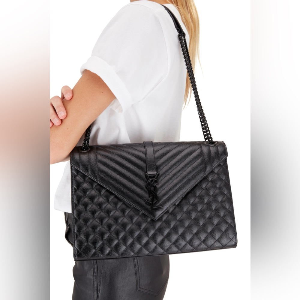 Saint Laurent Envelope Triquilt Large YSL Shoulder Bag in Grained Leather Black